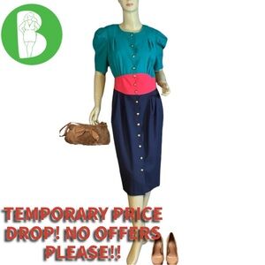 VINTAGE 1980'S LESLIE FAY COLLECTIONS TEAL, CORAL & BLUE COLORBLOCK DRESS (8)